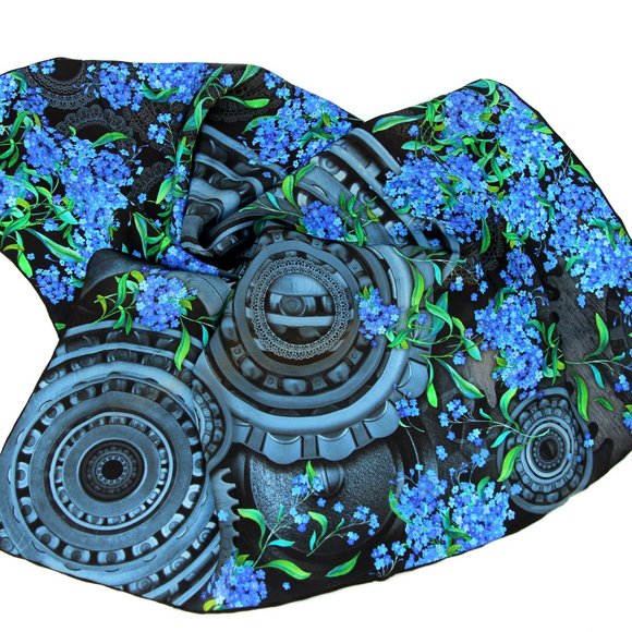 100% silk square scarf wrap "Forget-me-nots" grey blue floral - Picture 6 of 8